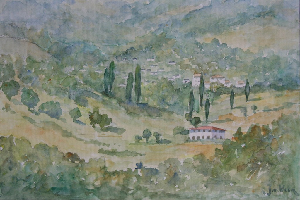 Jaap van Veen, aquarel, gezicht op bungalows Tignale, gesigneerd kopen? Bied vanaf 10!