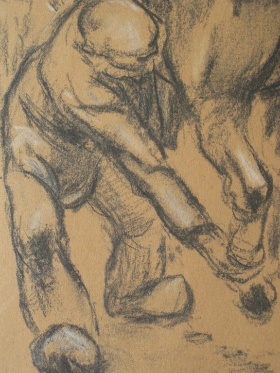 omstreeks 1920 realistische houtskooltekening van boer en paard met monogram kopen? Bied vanaf 1!