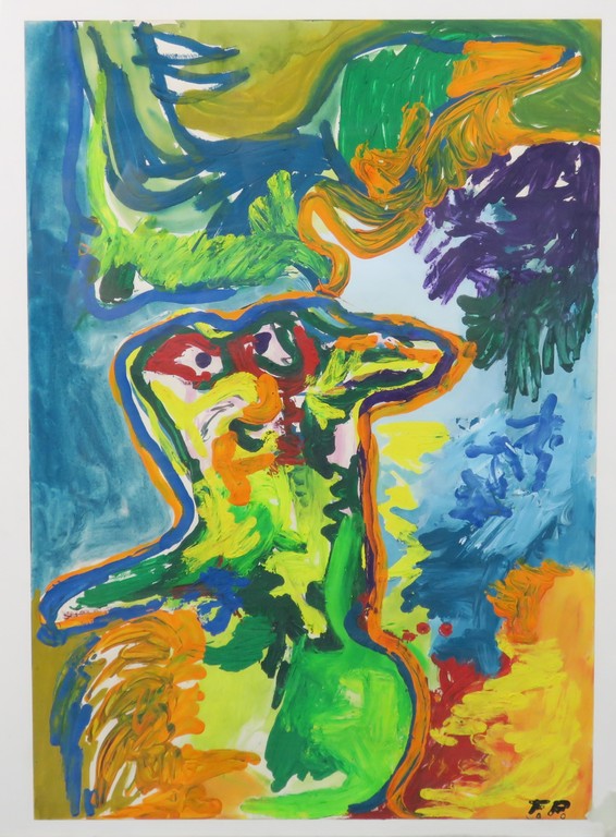 Finn Pedersen: Acryl en Aquarel op papier, Z.T. CoBrA figuur - Ingelijst kopen? Bied vanaf 150!