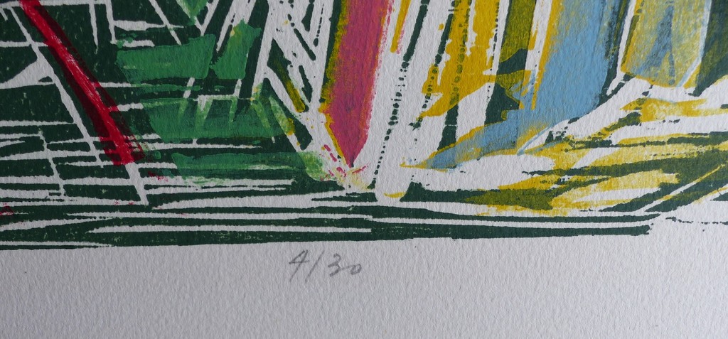 Luuk Scholten (1933), houtsnede, ''Zomer kopen? Bied vanaf 30!