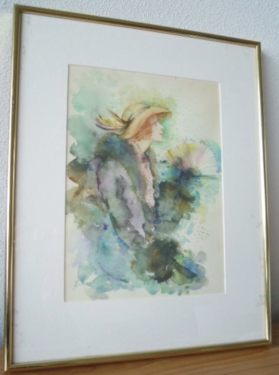 Gesigneerde aquarel - VROUW MET HOED  kopen? Bied vanaf 1!
