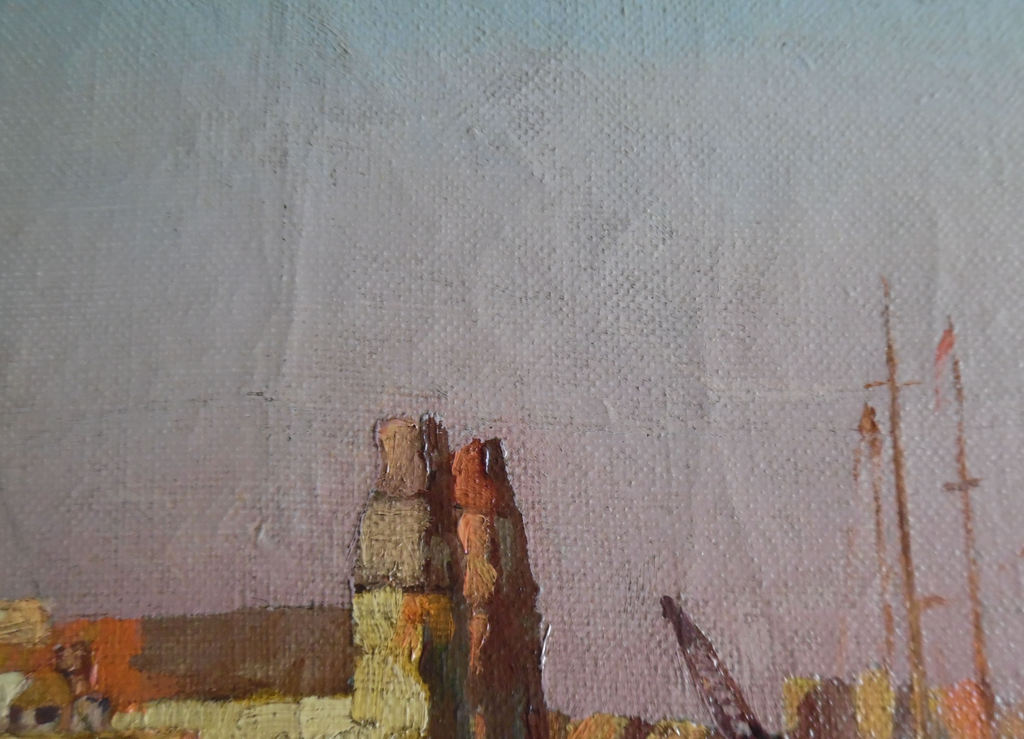 Havengezicht, olie op doek, onduidelijk gesineerd kopen? Bied vanaf 15!