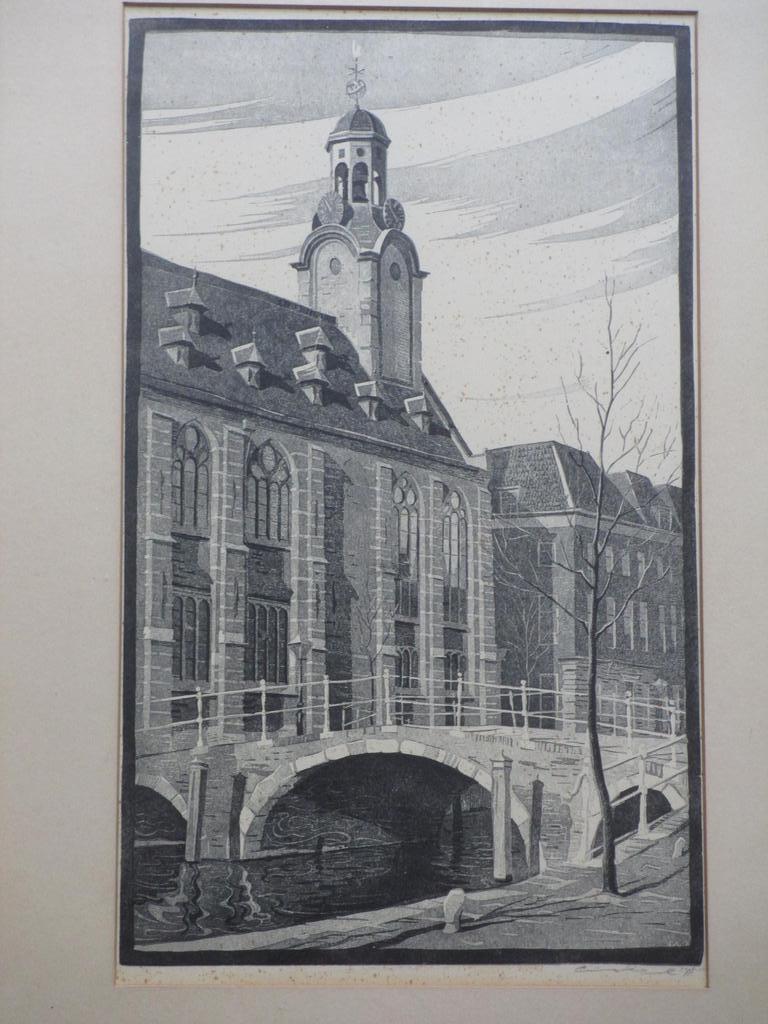 Cornelis van Oel, Houtsnede, Academiegebouw Rapenburg Leiden verkocht voor € 40!