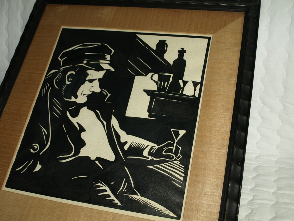Grote inkttekening - Man drinkt een glas – gesigneerd F.D.H. – 1932 - Ingelijst kopen? Bied vanaf 65!