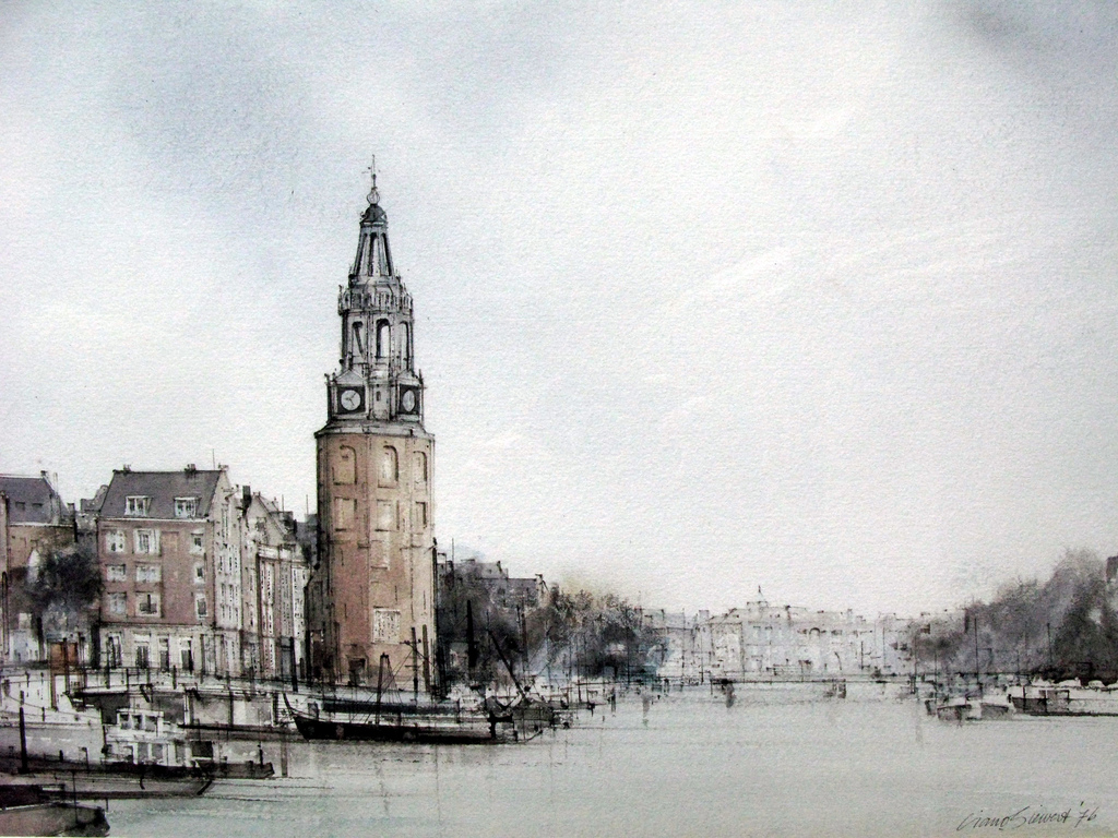 CIANO SIEWERT - grote AQUAREL AMSTERDAM - Montelbaanstoren aan de Oudeschans, gesigneerd 1976 en professioneel INGELIJST. kopen? Bied vanaf 475!