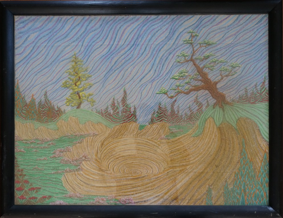 Aquarel/krijttekening, onduidelijk gesigneerd, Landschap, mooi lijnenspel kopen? Bied vanaf 15!