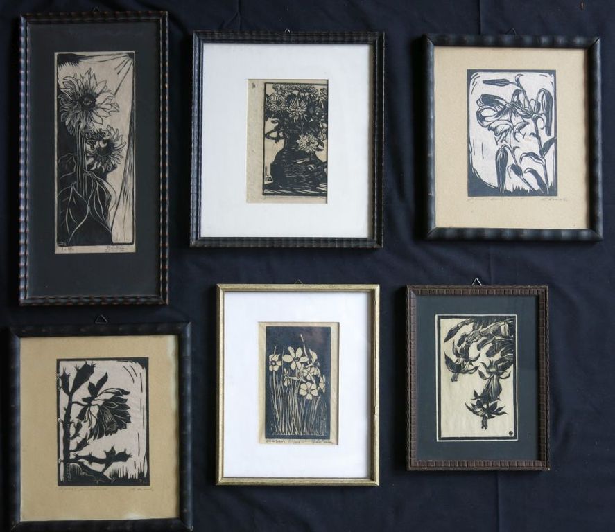 6 x lino/houtsnede o.a. een houtsnede van Jac de Beer, Bloemen verkocht voor € 45!