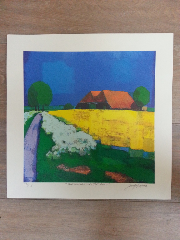 Jentsje Popma, zeefdruk met lijst, " Koolzaadveld met fluitekruid " verkocht voor € 90!