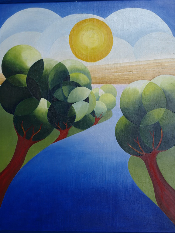 GIJS SLUIJMERS - Acryl op paneel – Rivierenlandschap op een zomerse dag - 1994 kopen? Bied vanaf 75!