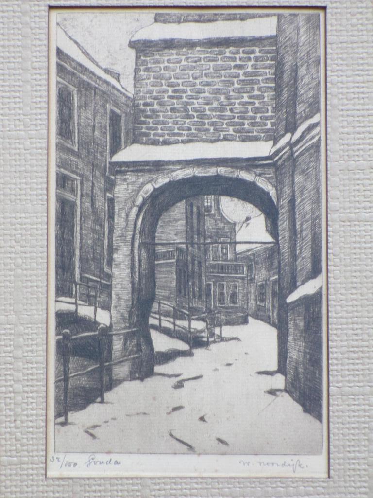 W.F.Noordijk, Gouda in de sneeuw, Ets verkocht voor € 35!