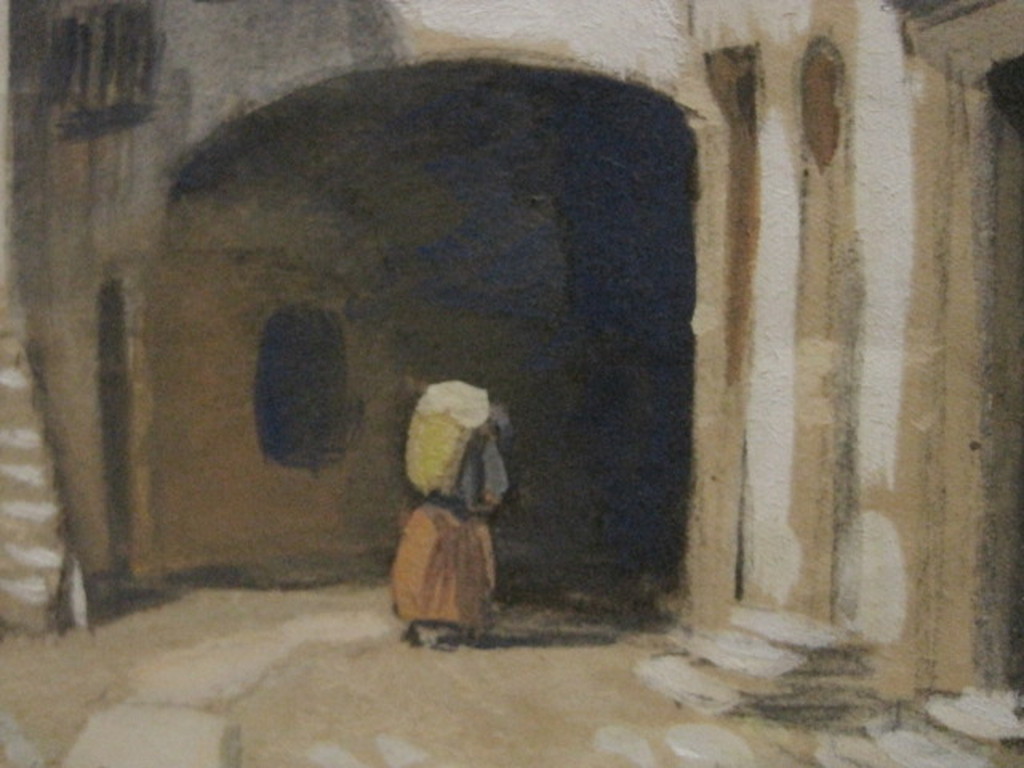prachtig oud (omstreeks 1900)  pastel/papier "vrouw onder poort" gesigneerd l.o. kopen? Bied vanaf 1!