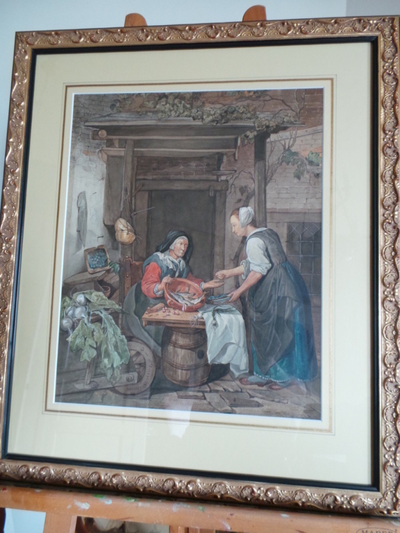 Aquarel : De vis verkoopster Gesigneerd initialen C.Dr.v H  kopen? Bied vanaf 165!