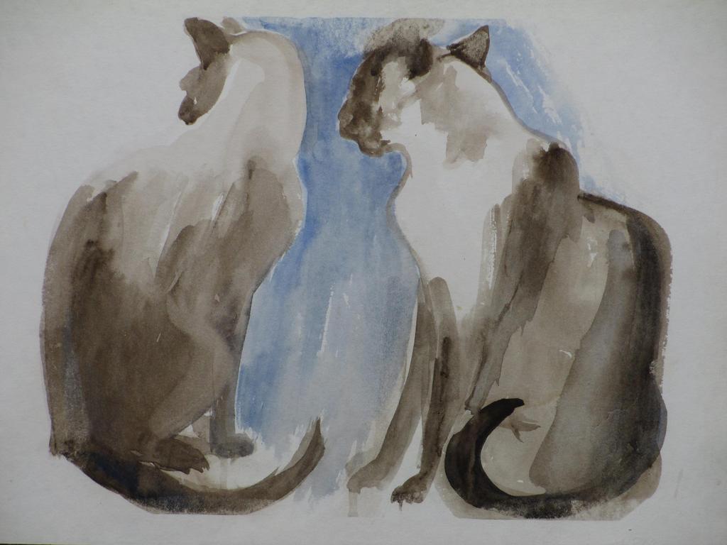 Hannie Bouman, Twee zittende Siamezen, Aquarel verkocht voor € 45!