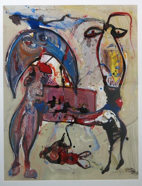 Jan te Wierik: Acryl/Olieverf op papier, Figuren - Ingelijst (groot) verkocht voor € 1000!