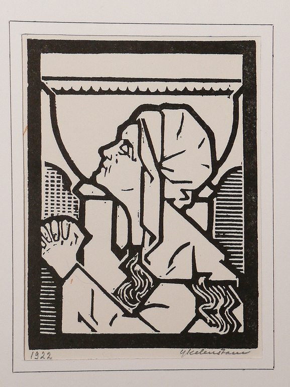 Hendrik IJkelenstam: Houtsnede, Biddende dame kopen? Bied vanaf 10!