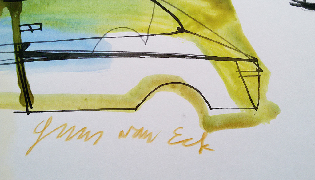 Guus van Eck - Markt in Sittard, gemengde techniek op papier kopen? Bied vanaf 150!