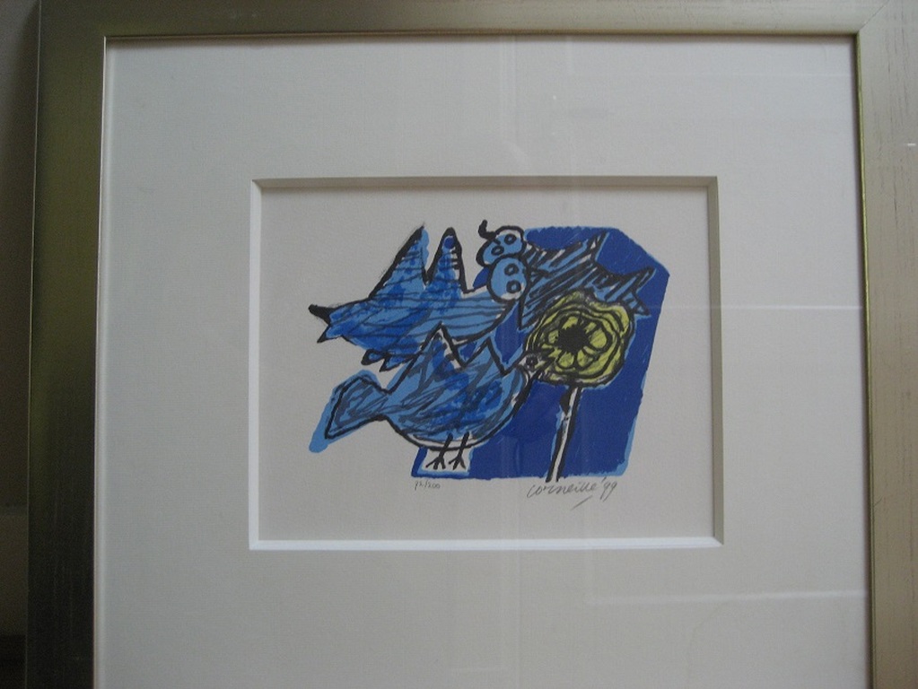 Corneille: 'Vogels met bloem' (Zeefdruk, handgesigneerd, ingelijst) kopen? Bied vanaf 220!