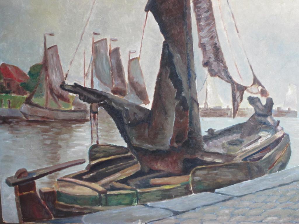 Onbekende kunstenaar, Schepen in vissershaven, Olie op board kopen? Bied vanaf 1!