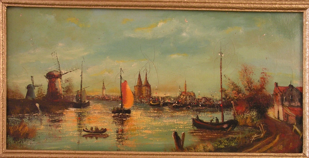 Onbekende kunstenaar - olieverf op doek - mogelijk haven van Sneek? verkocht voor € 90!