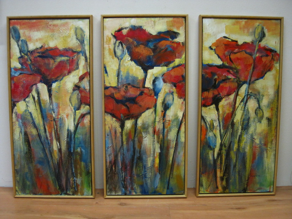 Mieke de Vries Wolthers (1943-) GROOT olieverf drieluik "veldbloemen"  verkocht voor € 172!