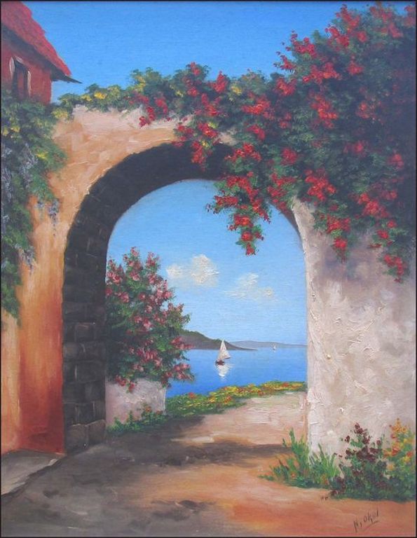 N. Okel: Olieverf op boardkarton, Mediterraan doorkijkje met zeilboot kopen? Bied vanaf 1!