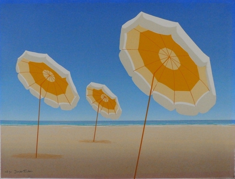 Jurjen Fontein - Zeefdruk - Parasols op strand verkocht voor € 50!
