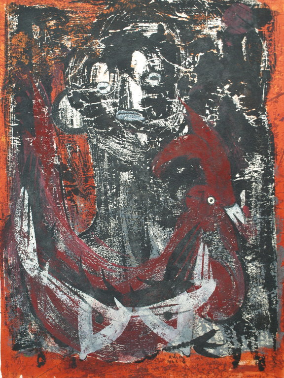 Henny Visch : Acrylverf op papier , De Tovenaar – Gesigneerd – ca 1965  kopen? Bied vanaf 1!