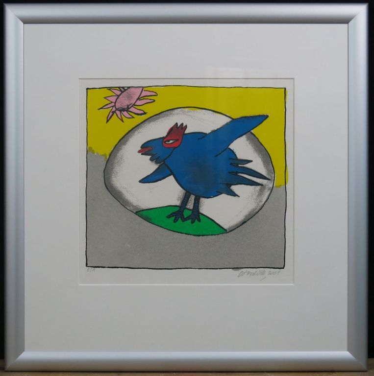 Corneille: Zeefdruk, Blauwe vogel - Ingelijst kopen? Bied vanaf 250!