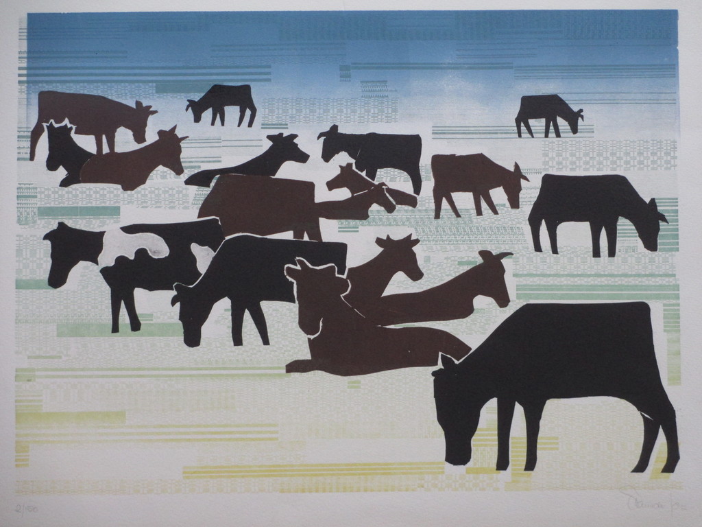 Frans de Jong, Koeien in landschap, Kleurenhoutsnede verkocht voor € 95!