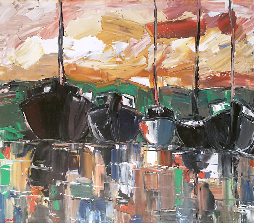 Miel Deca - Boten bij laagwater, olieverf op doek (ingelijst, groot) kopen? Bied vanaf 250!