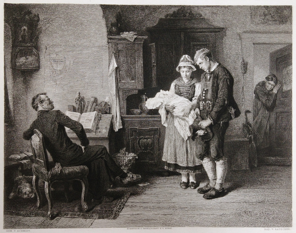 V. Rauscher. Originele staalgravure, circa 1890, Der sittenrichter kopen? Bied vanaf 1!