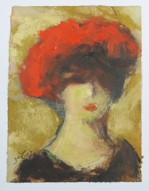 Jose van Gool: Acryl op papier, Z.T. vrouw met rode hoed kopen? Bied vanaf 20!