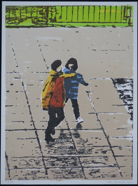 Koen Vermeule: Zeefdruk, Twee figuren (geel/blauw) verkocht voor € 85!
