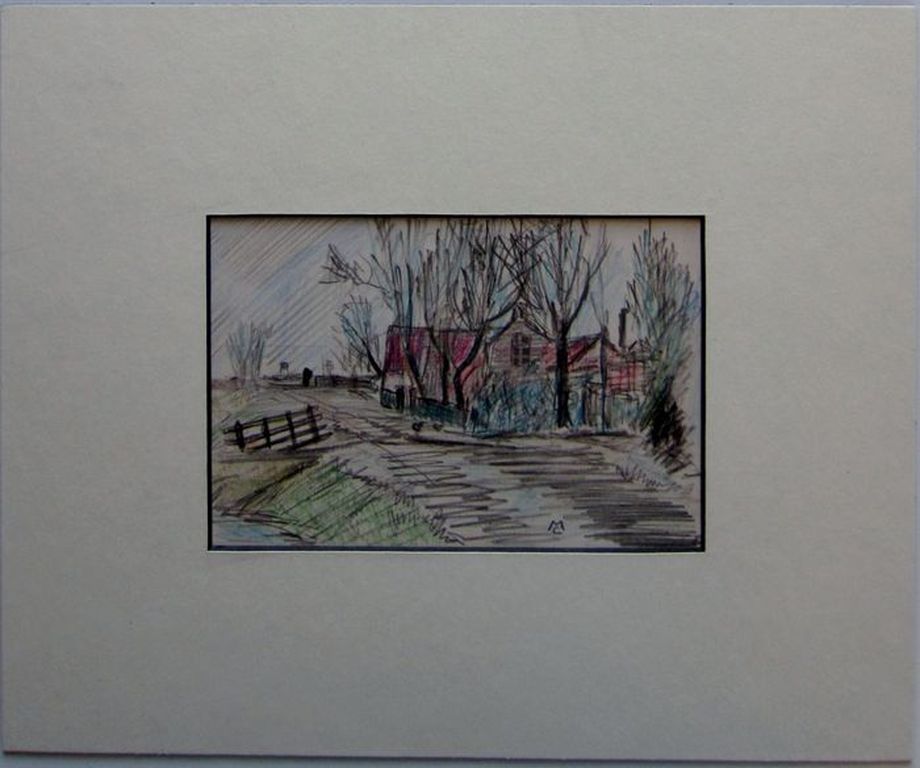 Chris Moret (1906-1979) - Potloodtekening, Hollands landschapje kopen? Bied vanaf 1!