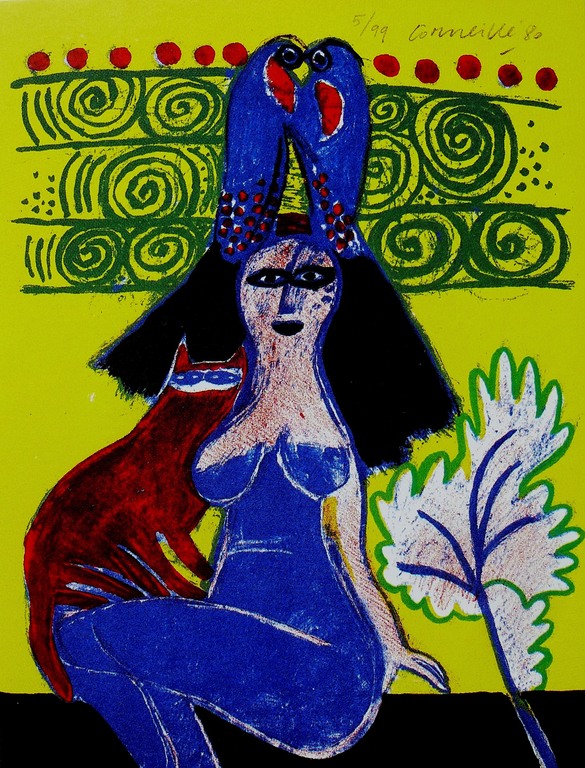 Corneille, litho: Femme et oiseaux, 1980, handgesigneerd verkocht voor € 381!