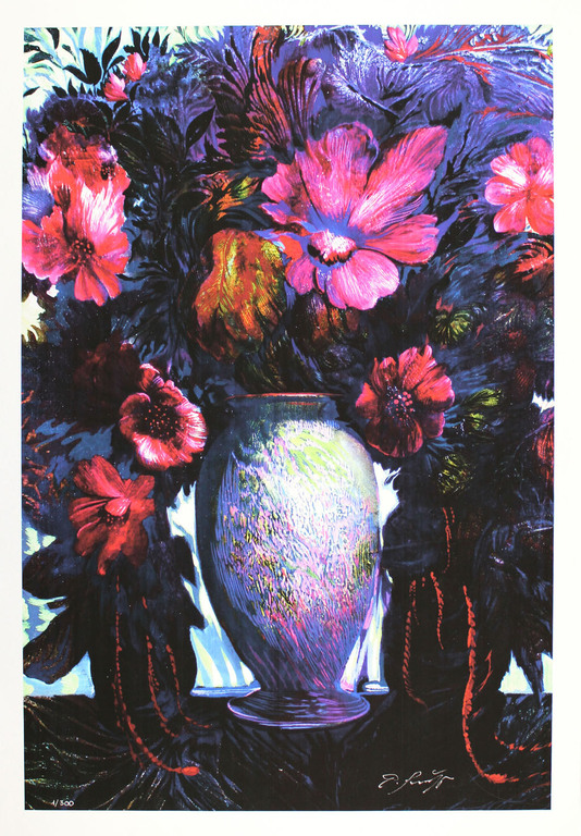 ERNST FUCHS Gr Giclee op LINNEN  BLAUES BLUMEN BOUQUET     GROOT!!! verkocht voor € 75!