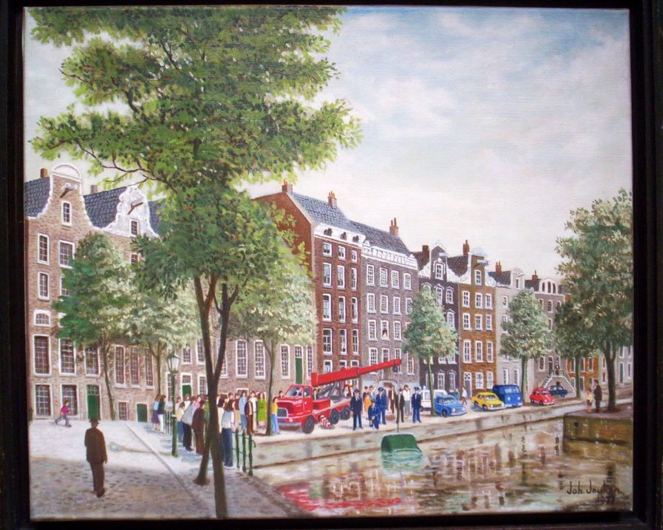 Johan Jeuken (1909-1982). Auto te water in Amsterdam. verkocht voor € 675!