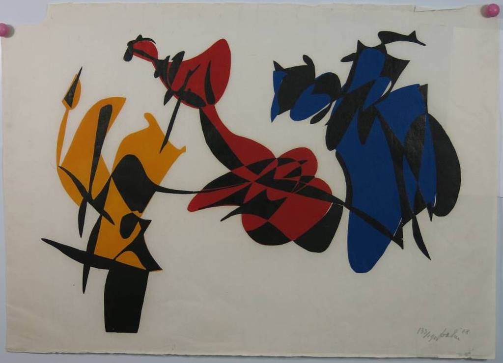 Onbekend gesigneerd: Zeefdruk, Compositie met 3 figuren voor Prent 190 kopen? Bied vanaf 1!