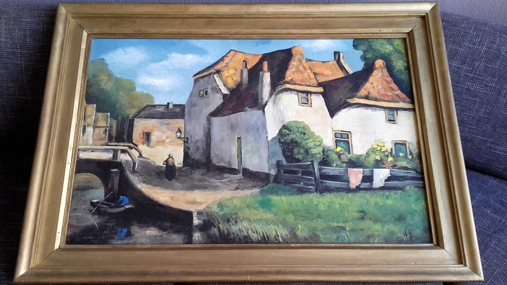 Dorpsgezicht - Olieverf op paneel - Gesigneerd met Monogram H.S. kopen? Bied vanaf 35!