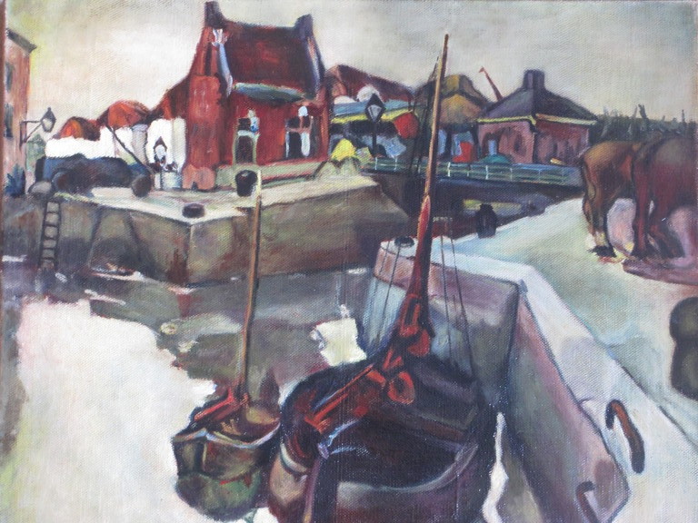 F. Vermeyen, Stadshaven met schepen en paarden, Olieverf op doek verkocht voor € 60!