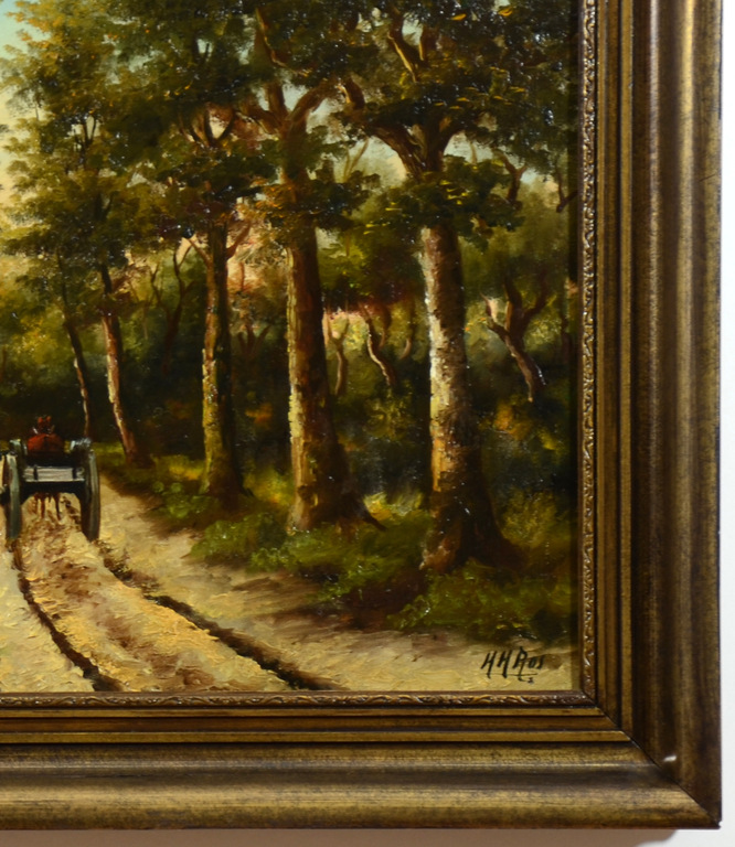 H.H. Ros (1870 - 1954) - Haagse Bos - "Zandweg met bomen, boer. paard en wagen". kopen? Bied vanaf 60!