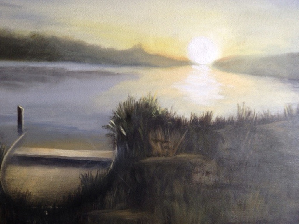 Olieverfschilderij - uitzicht over een meer - 70 x 50 cm = gesigneerd  kopen? Bied vanaf 1!