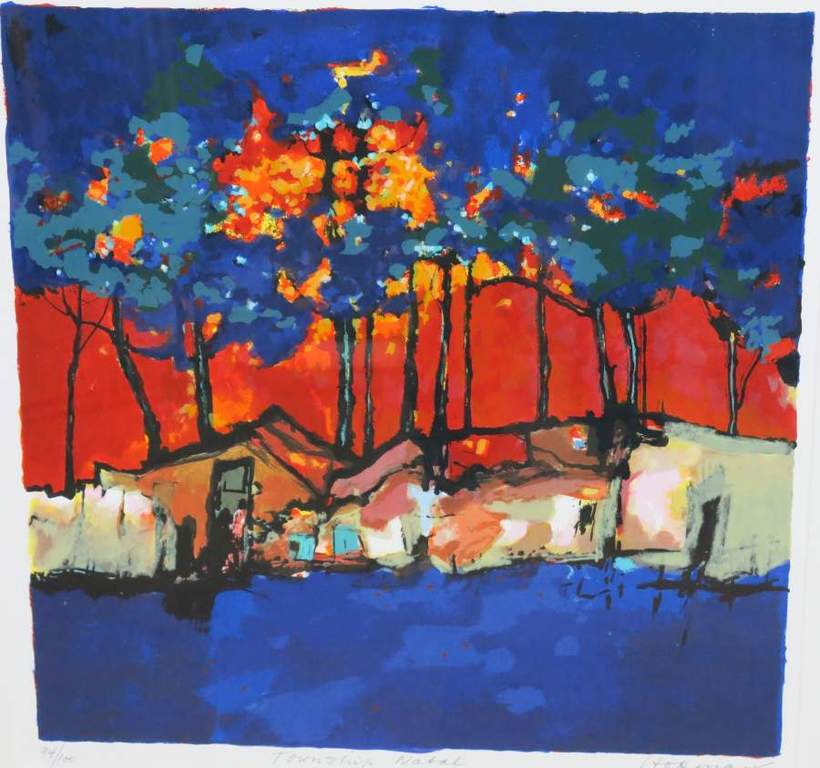 Machiel Hopman: Litho, Township Natal - Ingelijst verkocht voor € 70!