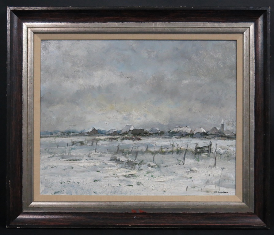 Frans Manders: Olieverf op paneel, Winters landschap - Ingelijst verkocht voor € 250!