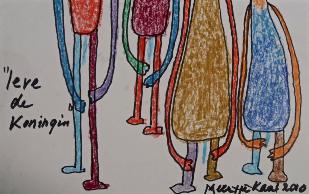 Meertje Kaal: Krijt en collage op karton, Leve de koningin kopen? Bied vanaf 1!