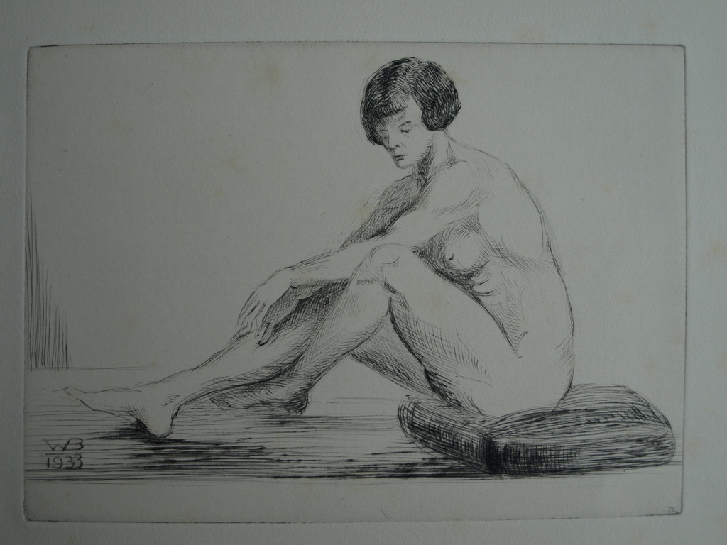Gesigneerd: WB : Ets , Naakte vrouw op de grond - 1933 kopen? Bied vanaf 1!