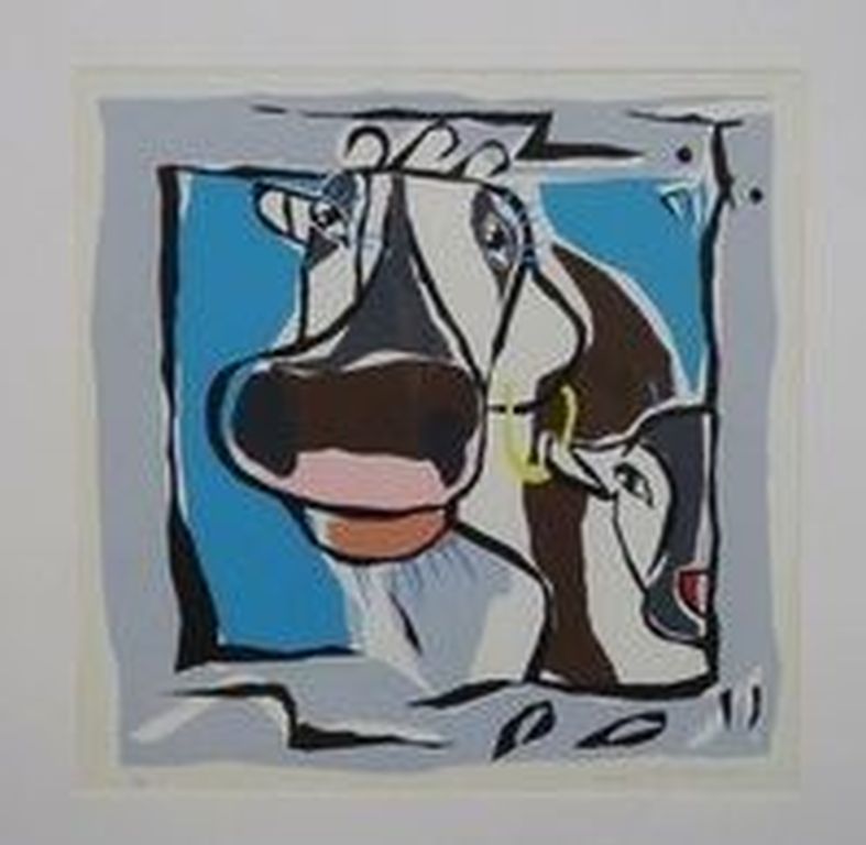 Jeroen Gerlofsma - Grote (!)Zeefdruk ingelijst- Handgesigneerd - 'Koe met kalf'  kopen? Bied vanaf 1!