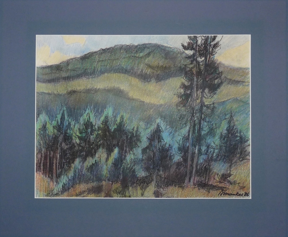 Beint Mankes, Kleurtekening, Naaldbomen en bergen, 1986. verkocht voor € 55!