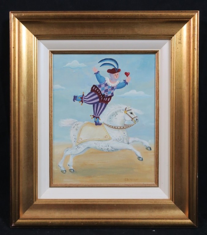 Carole B. Perret: Olieverf op board, Harlekijn met circuspaard - Ingelijst kopen? Bied vanaf 150!