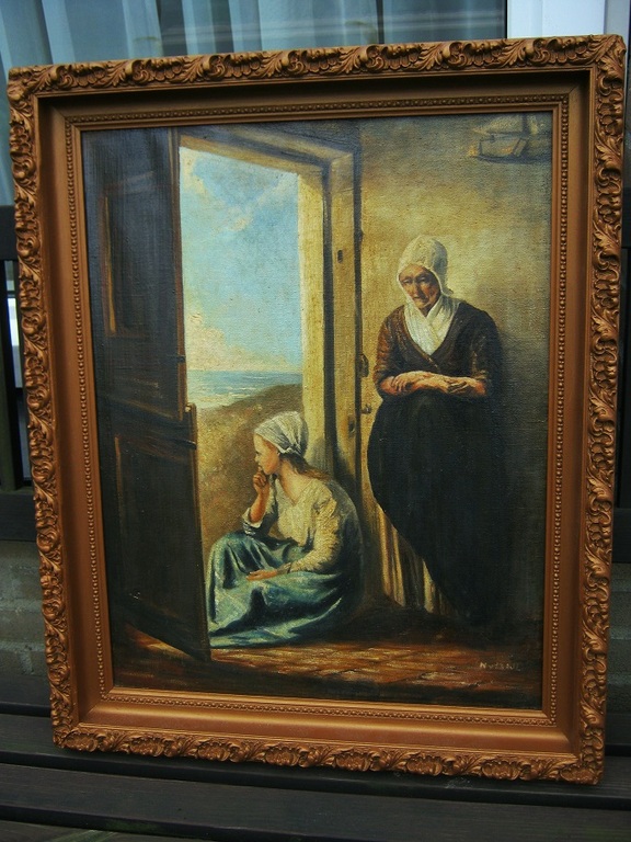 Olieverf op Linnen  Moeder en dochter starend naar Zee  Gesigneerd kopen? Bied vanaf 95!